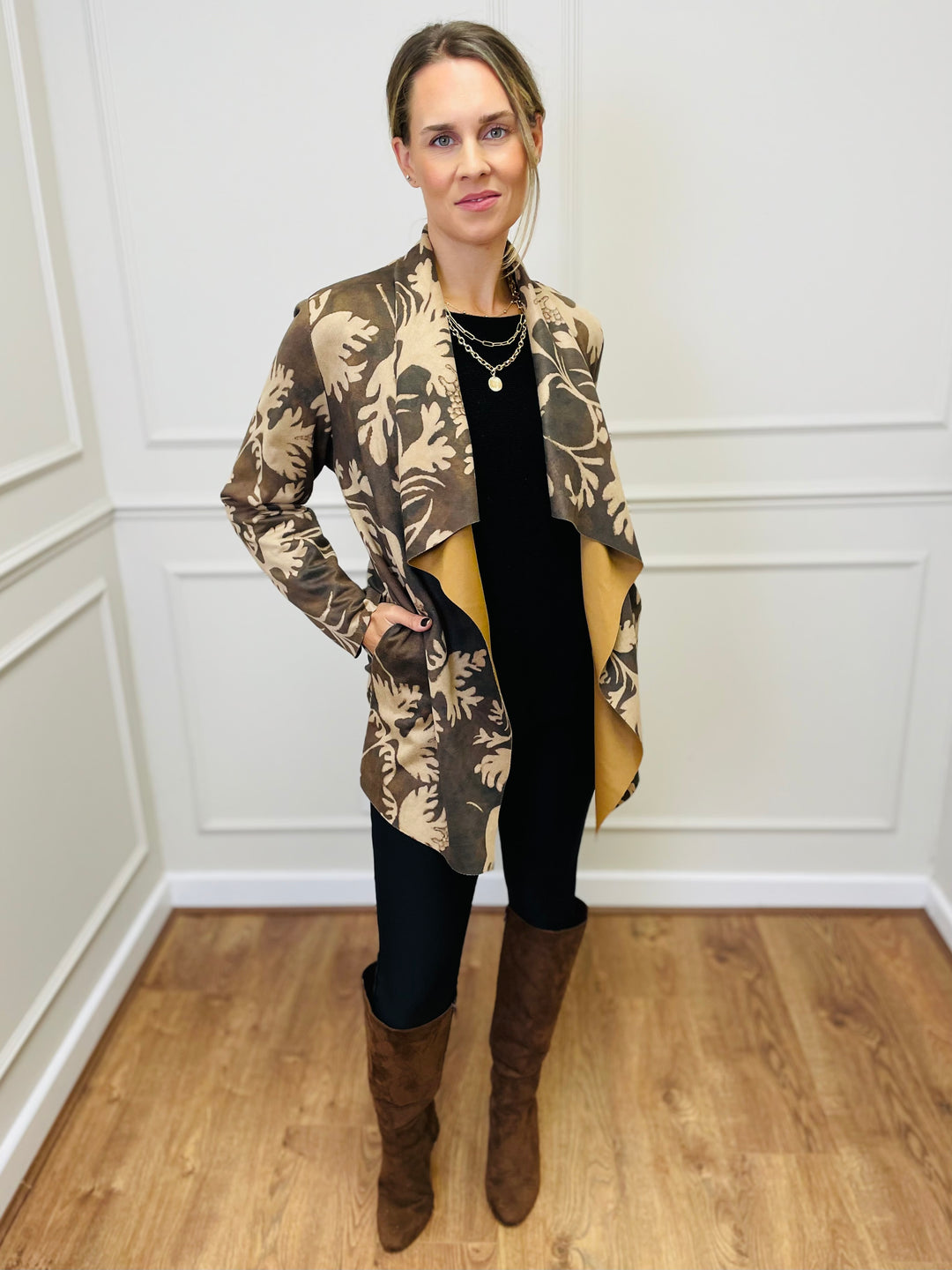 "PAULA" Floral Print Waterfall Jacket-Tan & Brown