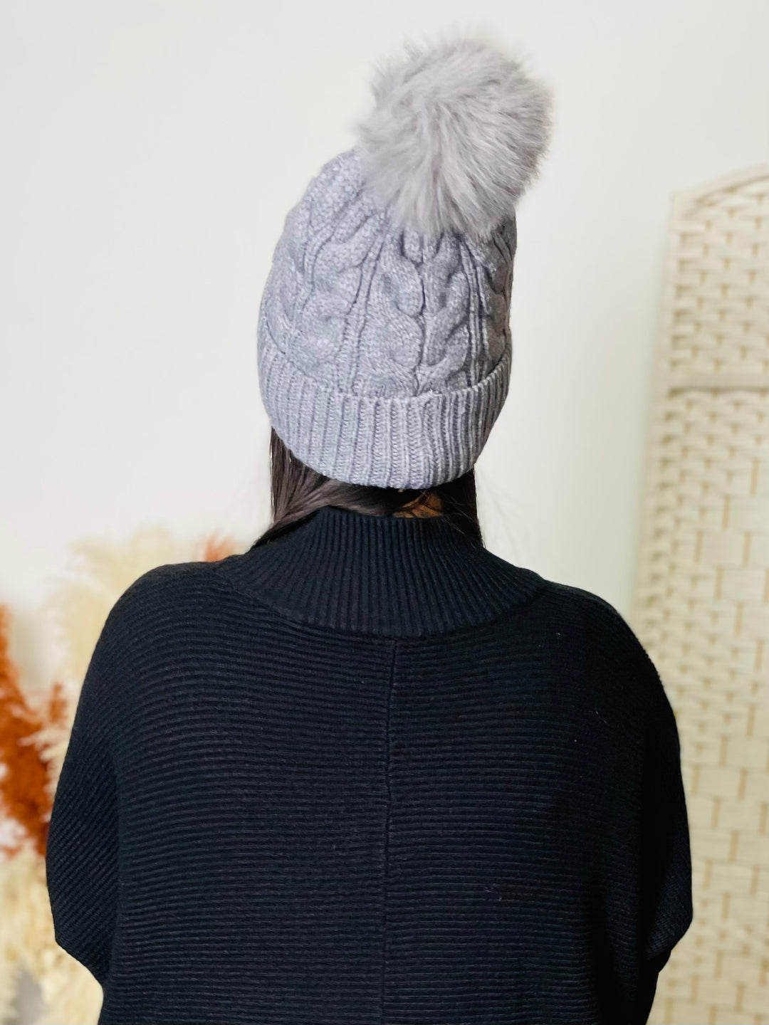 Grey Knit Faux Fur Pom Hat