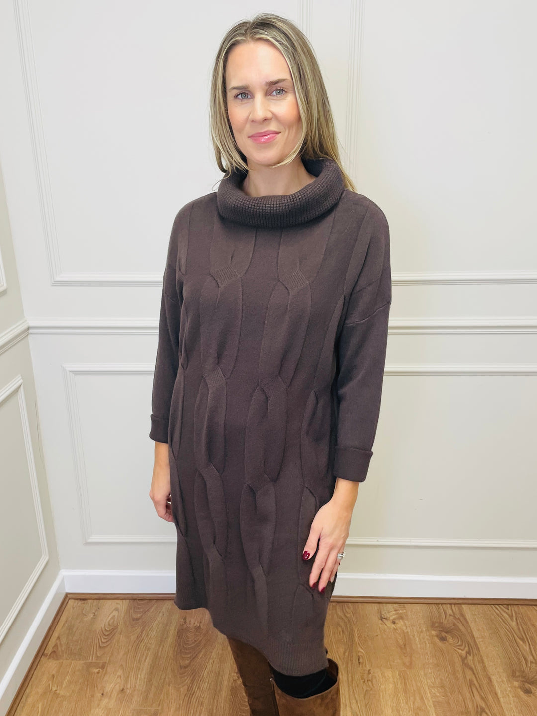 "BELINDA" Cable Knit Roll Neck Dress-Brown