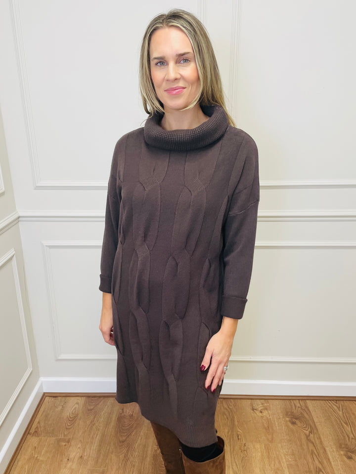 "BELINDA" Cable Knit Roll Neck Dress-Brown