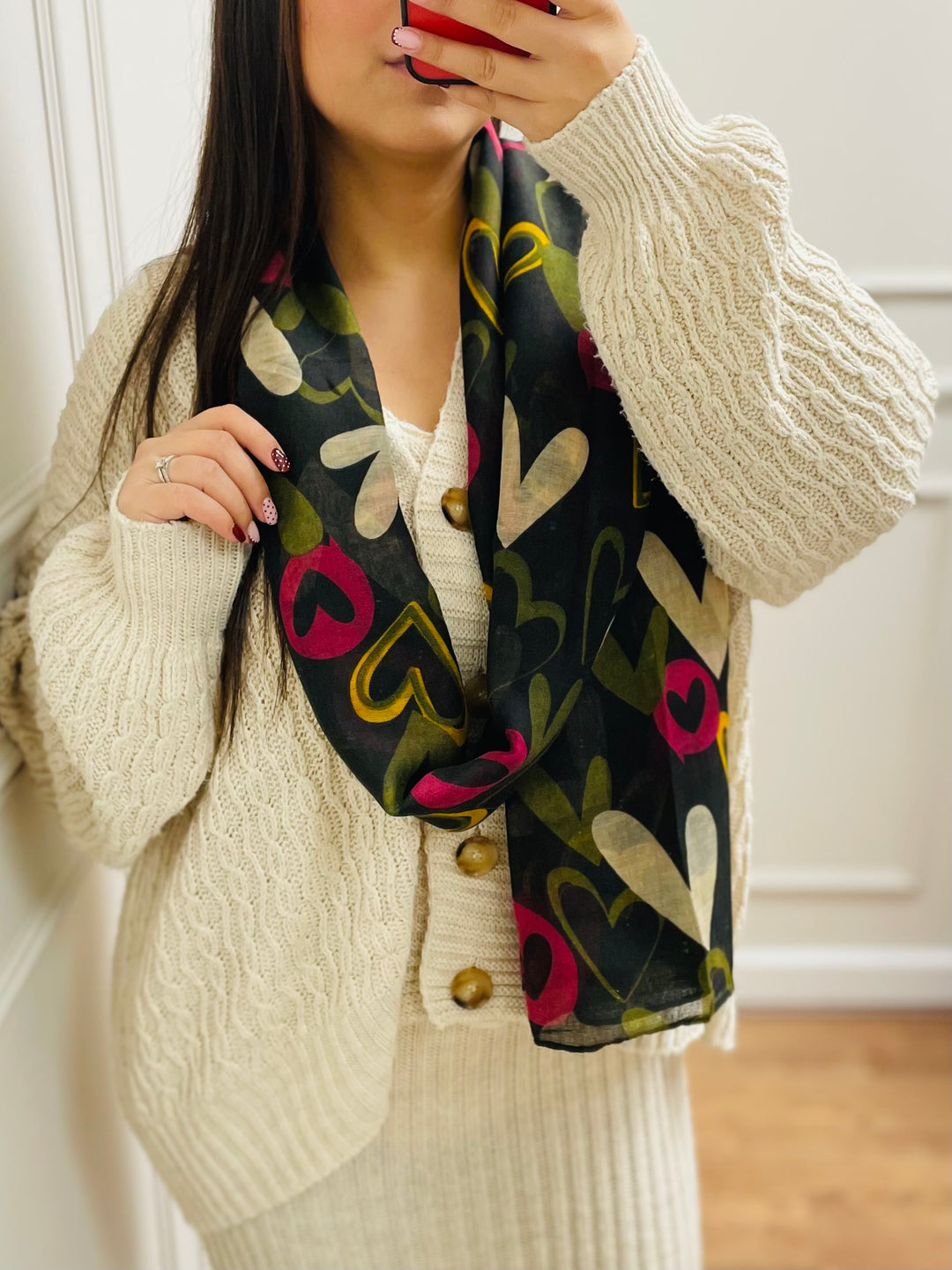No.112 Heart Print Scarf-Black & Green