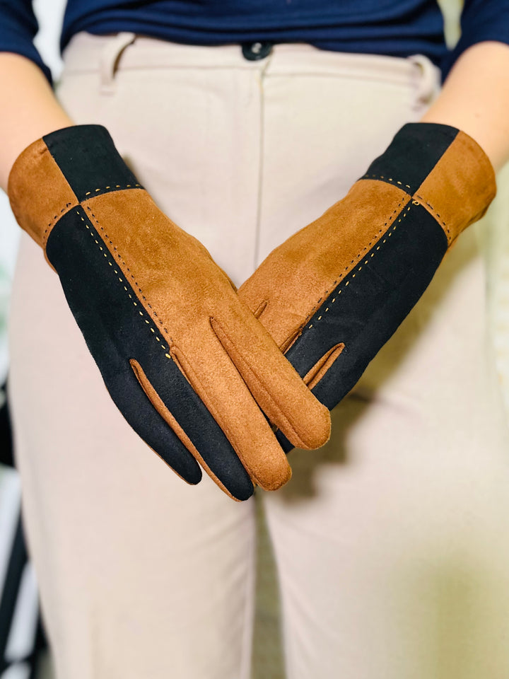 Block Print Gloves-Tan & Black