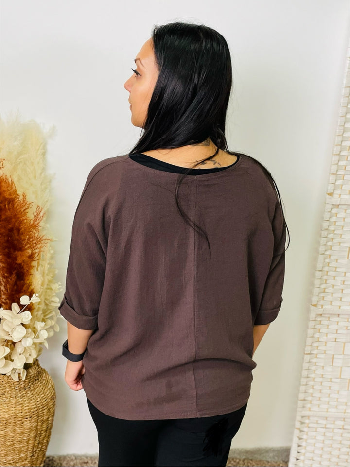 “COLETTE” Linen Top-Chocolate Brown