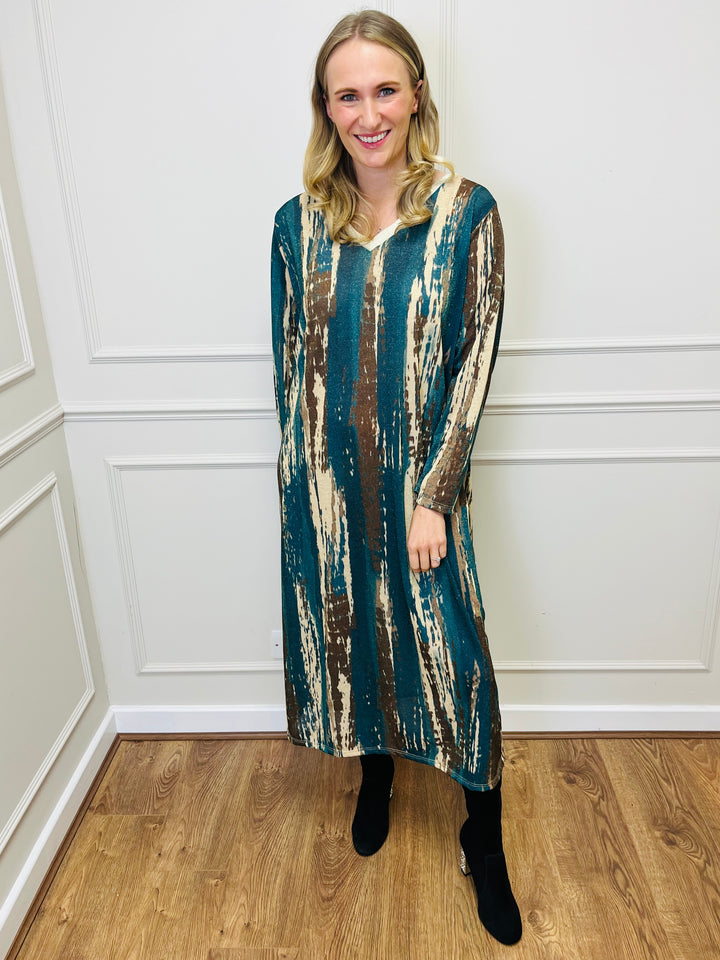 "SANDY" Artistic Print Maxi Dress-Teal