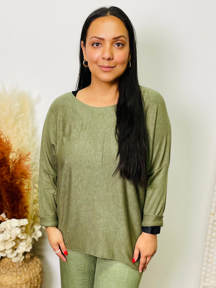 "ALEXA" Fine Knit Top-Khaki Green