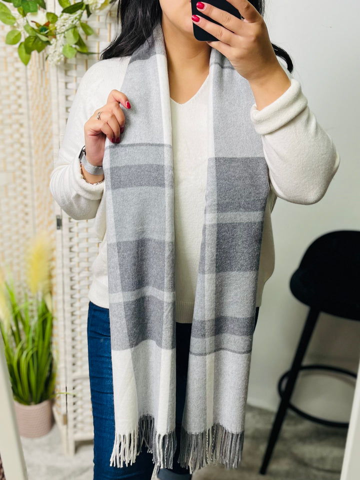 No.16 Check Print Scarf-Silver & Grey