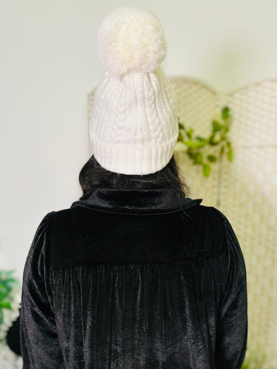 Cream Knit Faux Fur Pom Hat