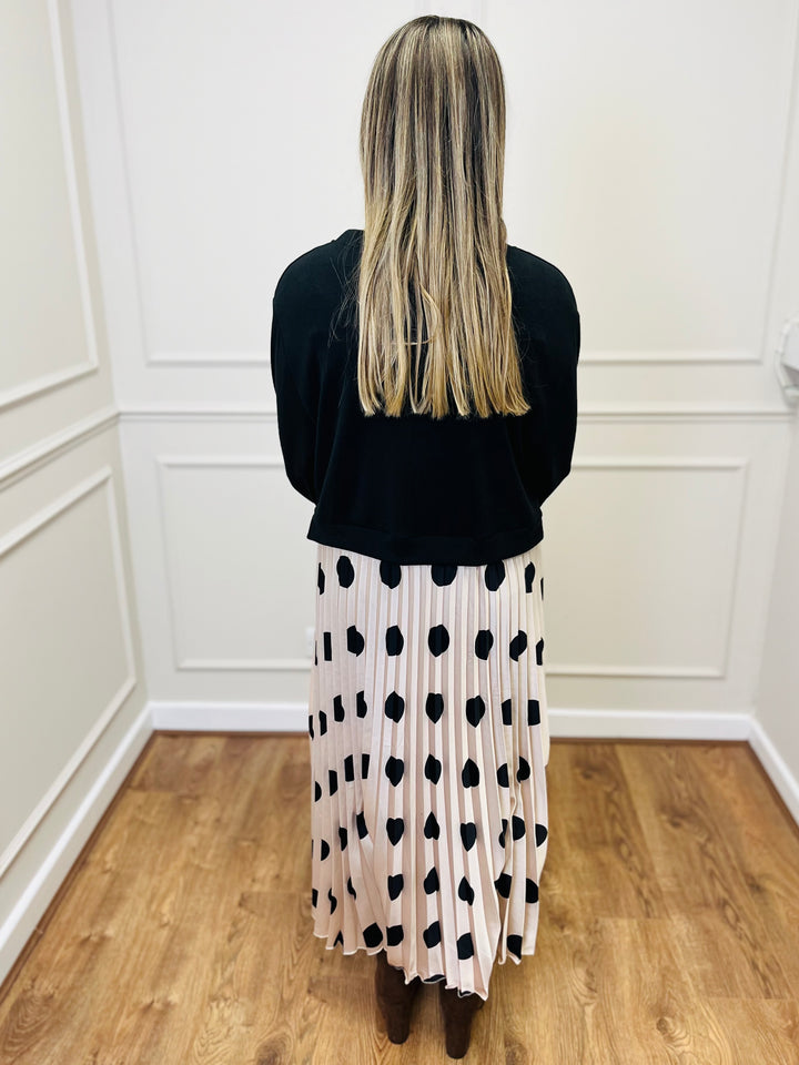 "DOTTY" Polka Dot Pleated Dress-Black & Cream