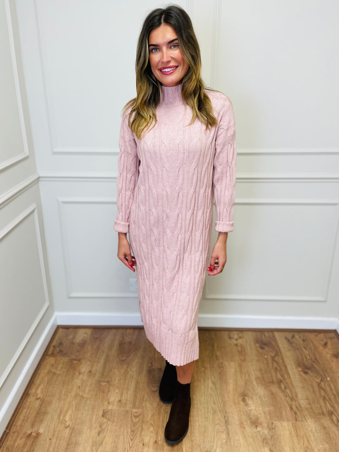 "ELY" Cable Knit Midi Dress-Blush Pink