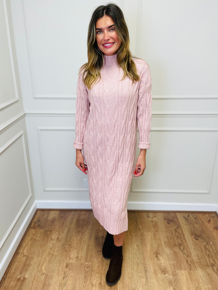 "ELY" Cable Knit Midi Dress-Blush Pink