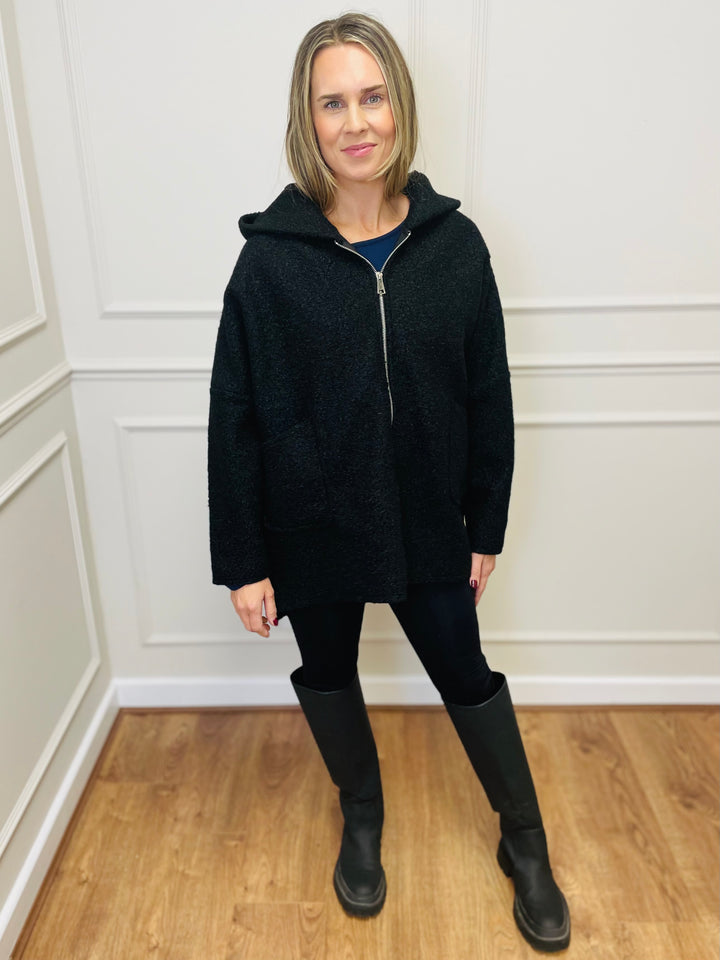 "ARLENE" Hooded Zip Coat-Black