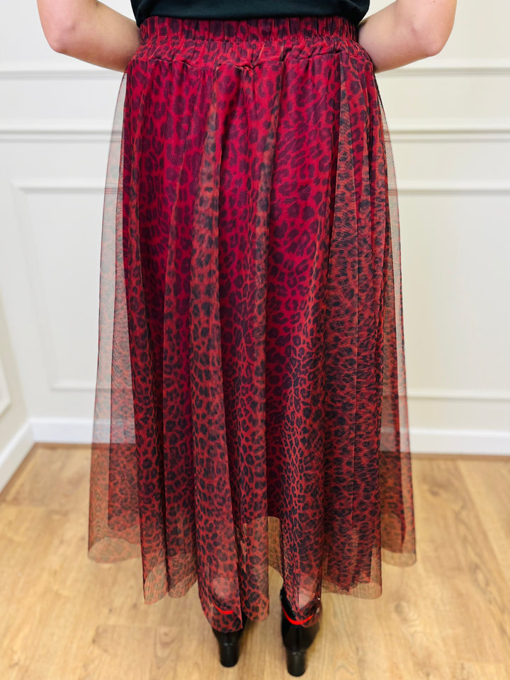 "IZZY" Animal Print Tulle Skirt-Red & Black
