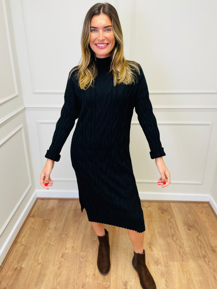 "ELY" Cable Knit Midi Dress-Black