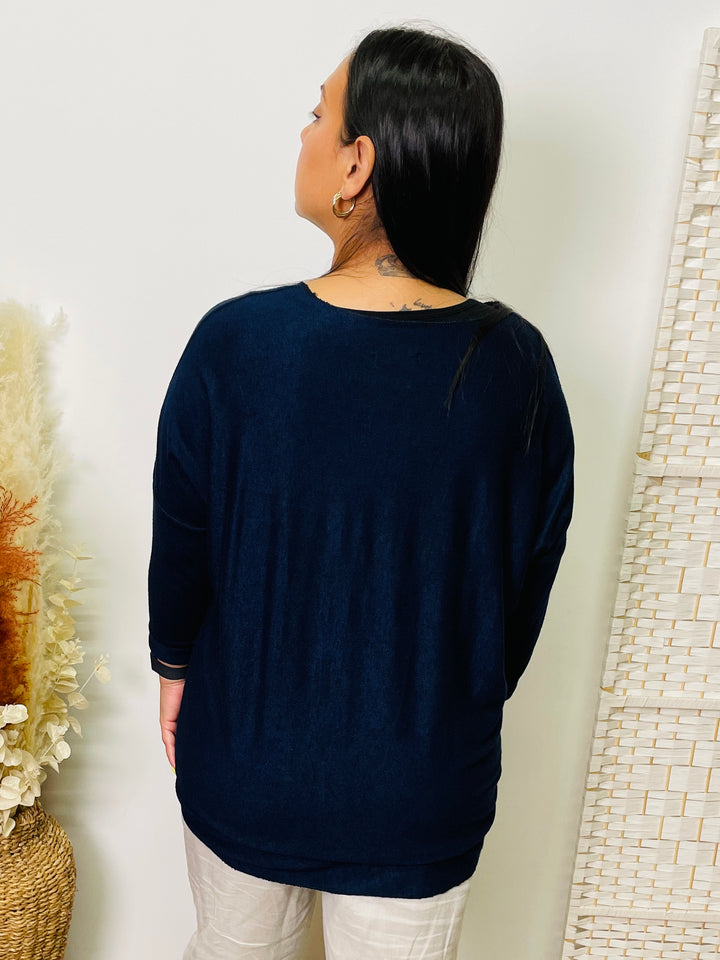 "ALEXA" Fine Knit Top-Navy