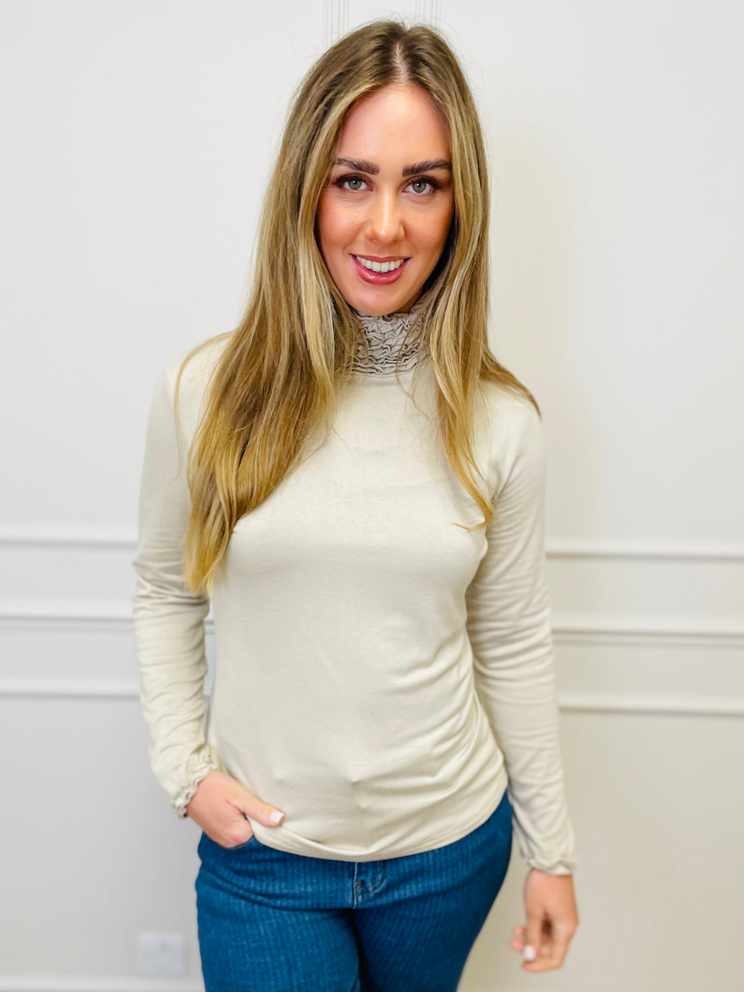 "LIVIA" Ruffle Polo Neck Top-Cream