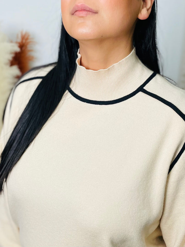 "AMANDA" Two Tone Polo Neck-Cream & Black