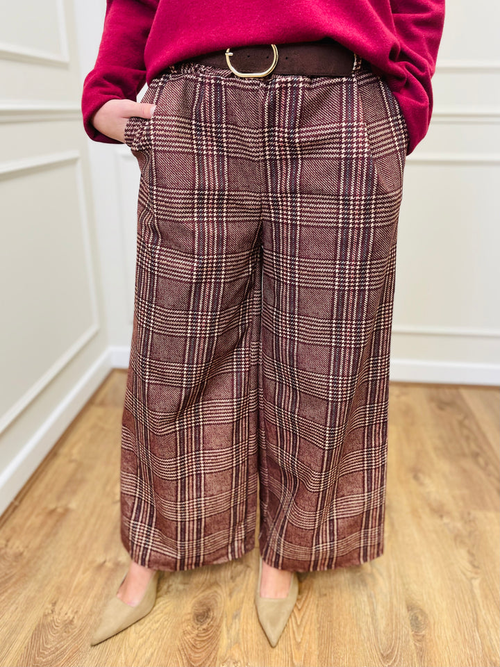 "ALANI" Check Print Trouser-Burgundy/Cream & Navy