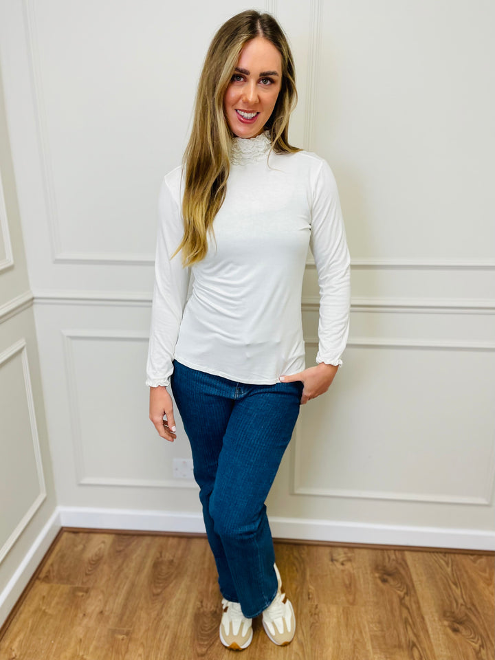 "LIVIA" Ruffle Polo Neck Top-White