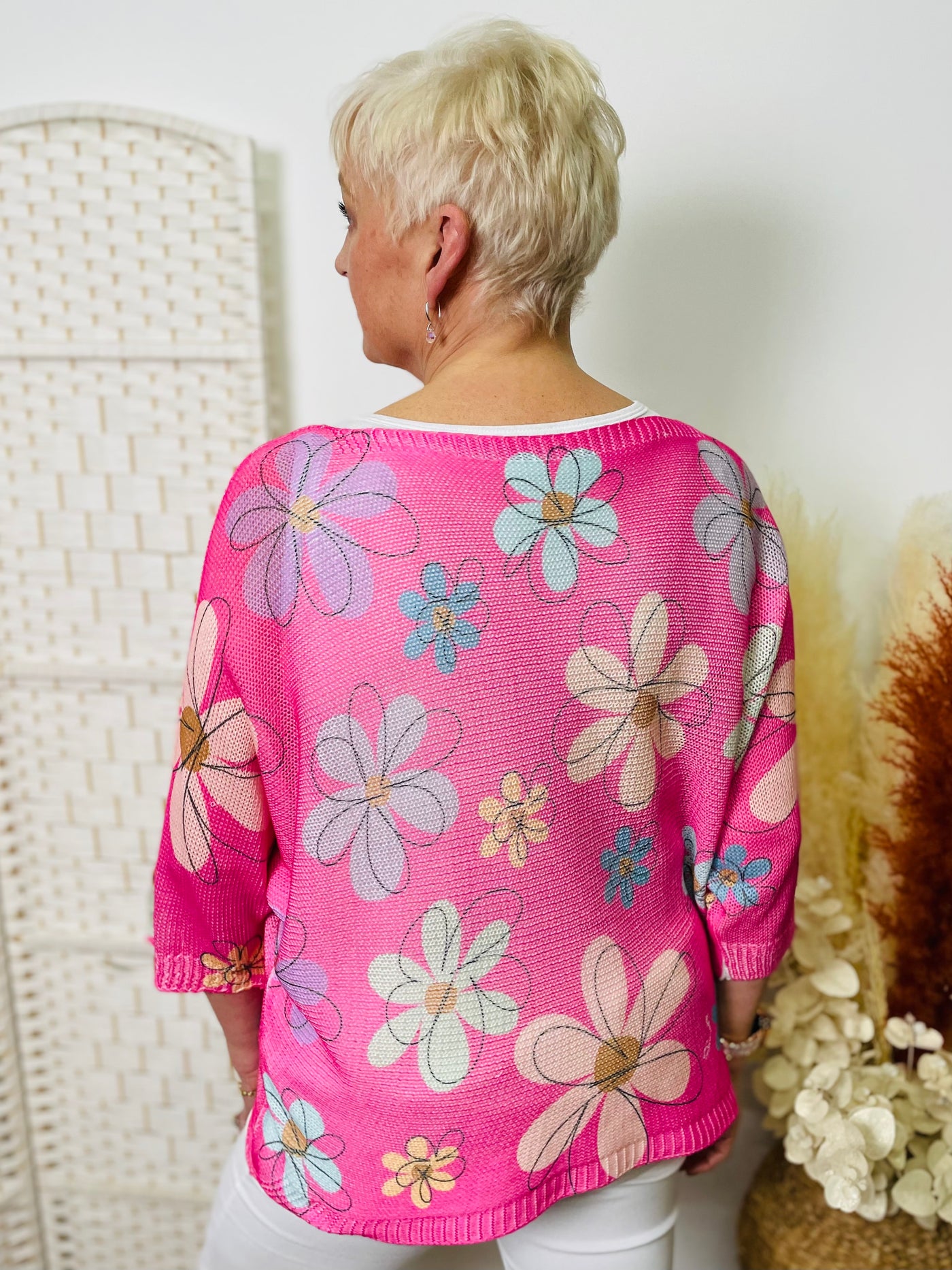 "LEXI" Floral Print Fine Knit Top-Pink