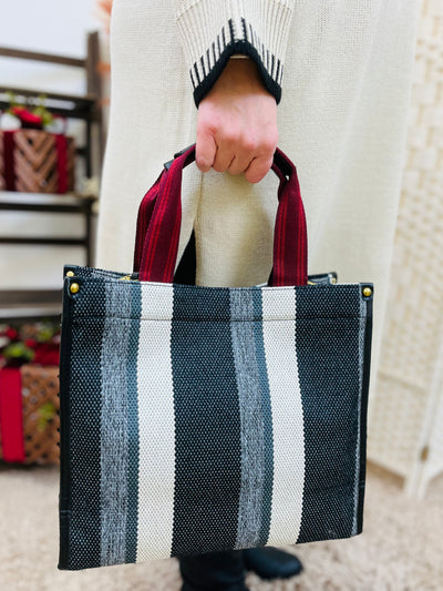 Stripe Print Handbag-Black/Grey & Cream