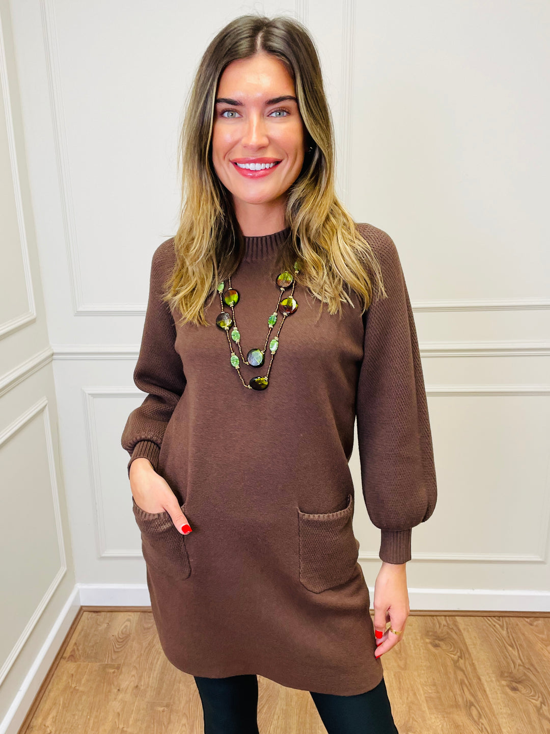 "TAYLOR" Pocket Knit Midi Dress-Brown