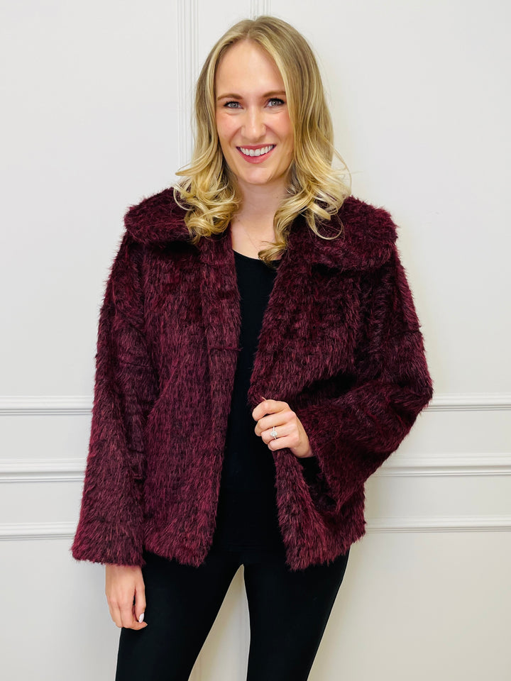 "KATE" Faux Fur Coat-Burgundy