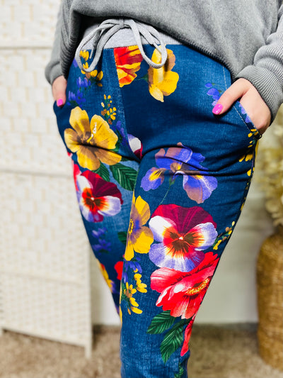 "RIO" Floral Print Magic Trouser-Denim & Multicolour