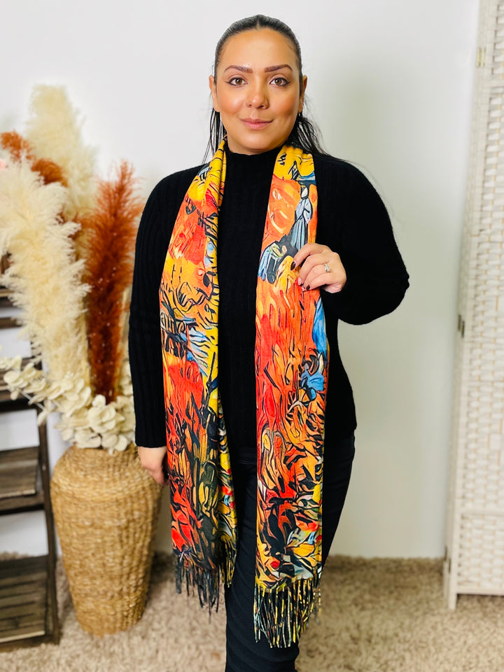 No.63 Artistic Print Scarf-Orange & Multicolour