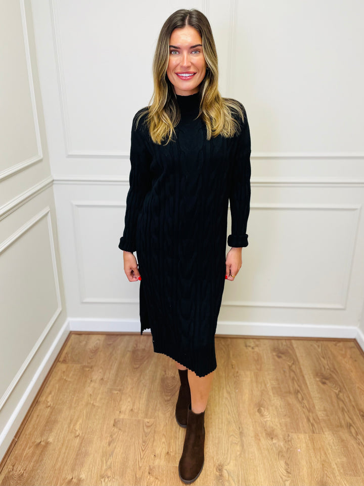 "ELY" Cable Knit Midi Dress-Black