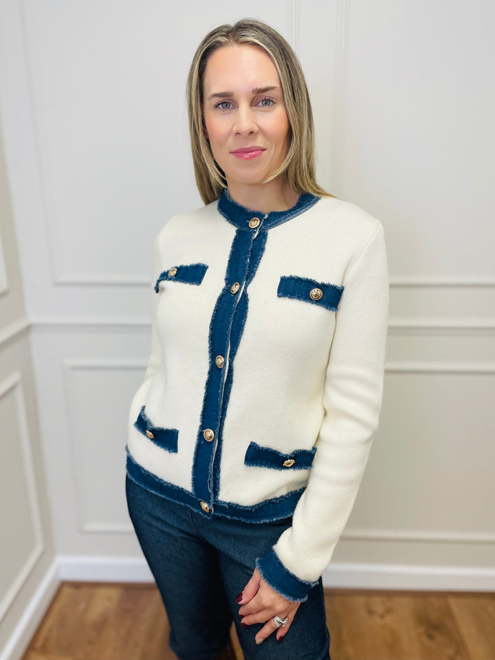 "COCO" Contrast Trim Jacket-Cream & Dark Denim