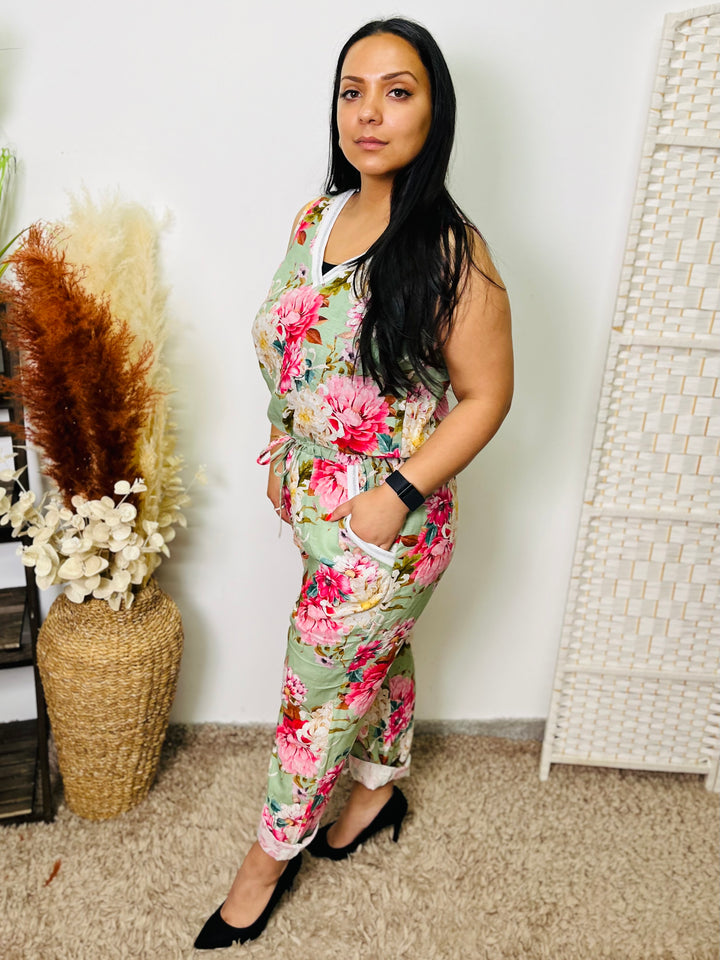 "OPHELIA" Floral Print Jumpsuit-Sage Green