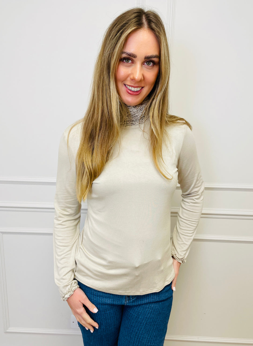 "LIVIA" Ruffle Polo Neck Top-Cream