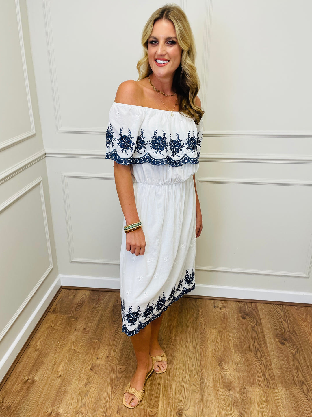 "HOLLY" Embroidered Dress-White & Navy