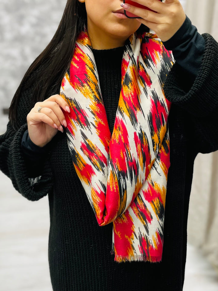 No.85 Artistic Print Scarf-White/Red & Black