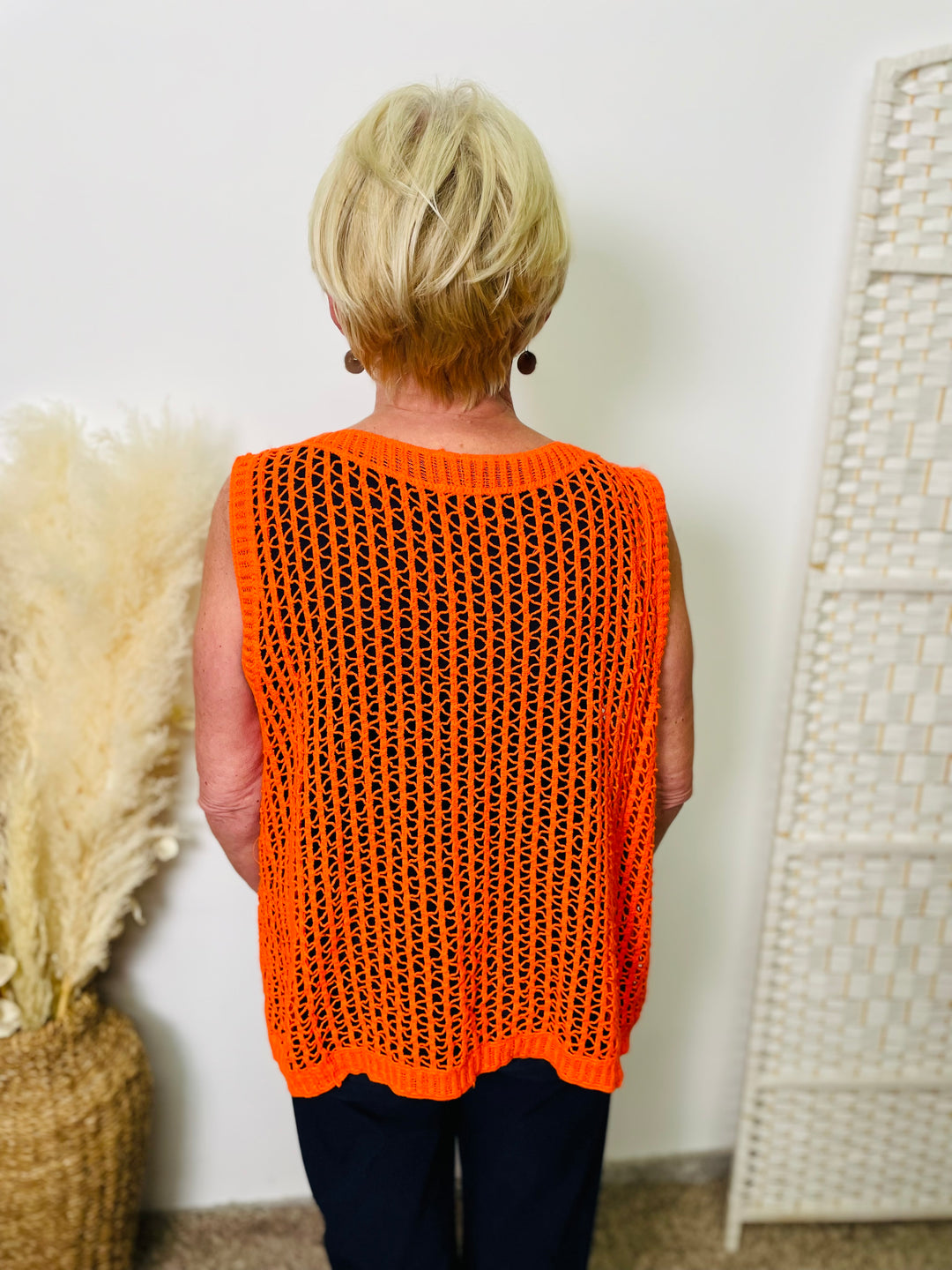 "MOLLY" Open Knit Vest-Neon Orange