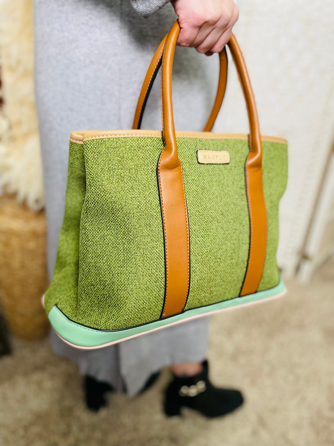 No.50 Two Tone Handbag-Green & Tan