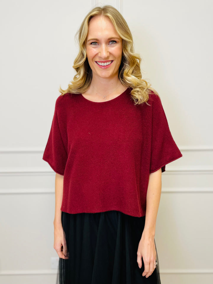 "ALICE” Short Sleeve Fine Knit-Burgundy