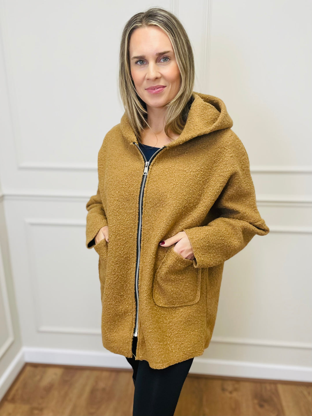 "ARLENE" Hooded Zip Coat-Camel