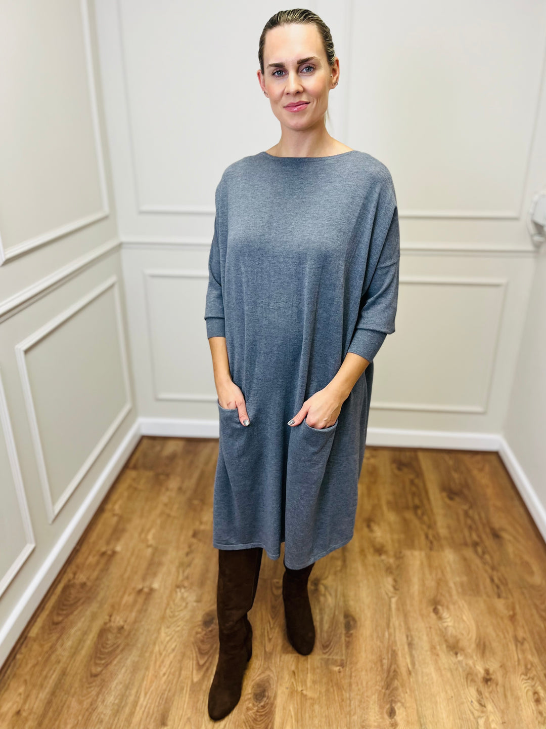 "RUBY" Fine Knit Dress-Grey