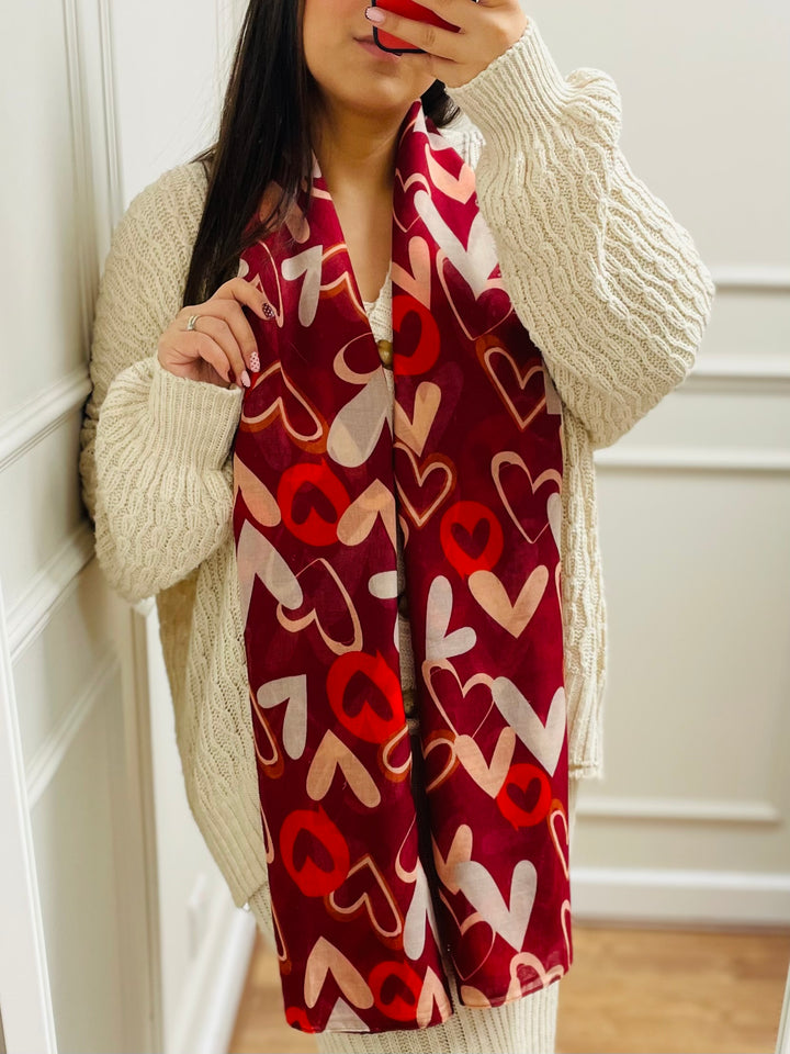No.112 Heart Print Scarf-Burgundy & Cream