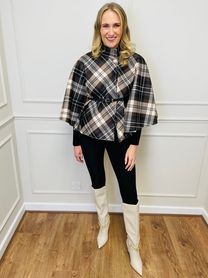 "LORELAI" Check Print Cape Coat-Cream & Brown