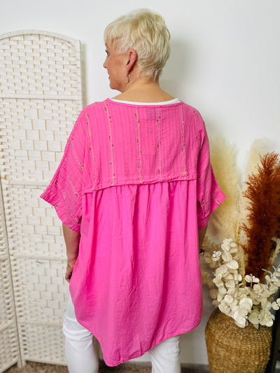 "NELLIE” Textured Pin Stripe Top-Bubblegum Pink