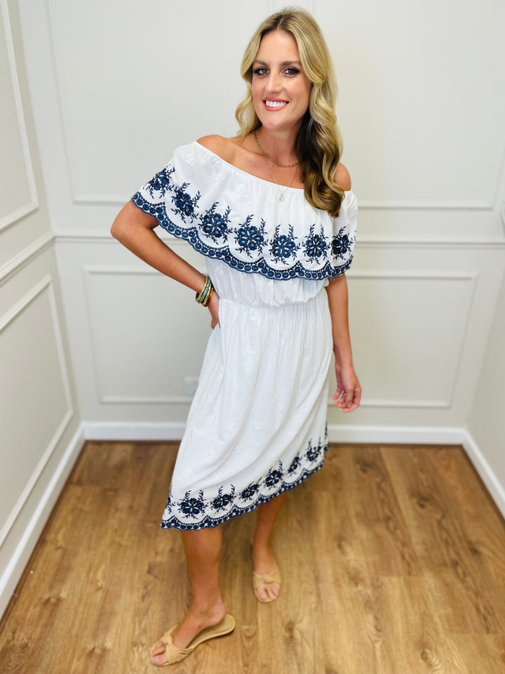 "HOLLY" Embroidered Dress-White & Navy