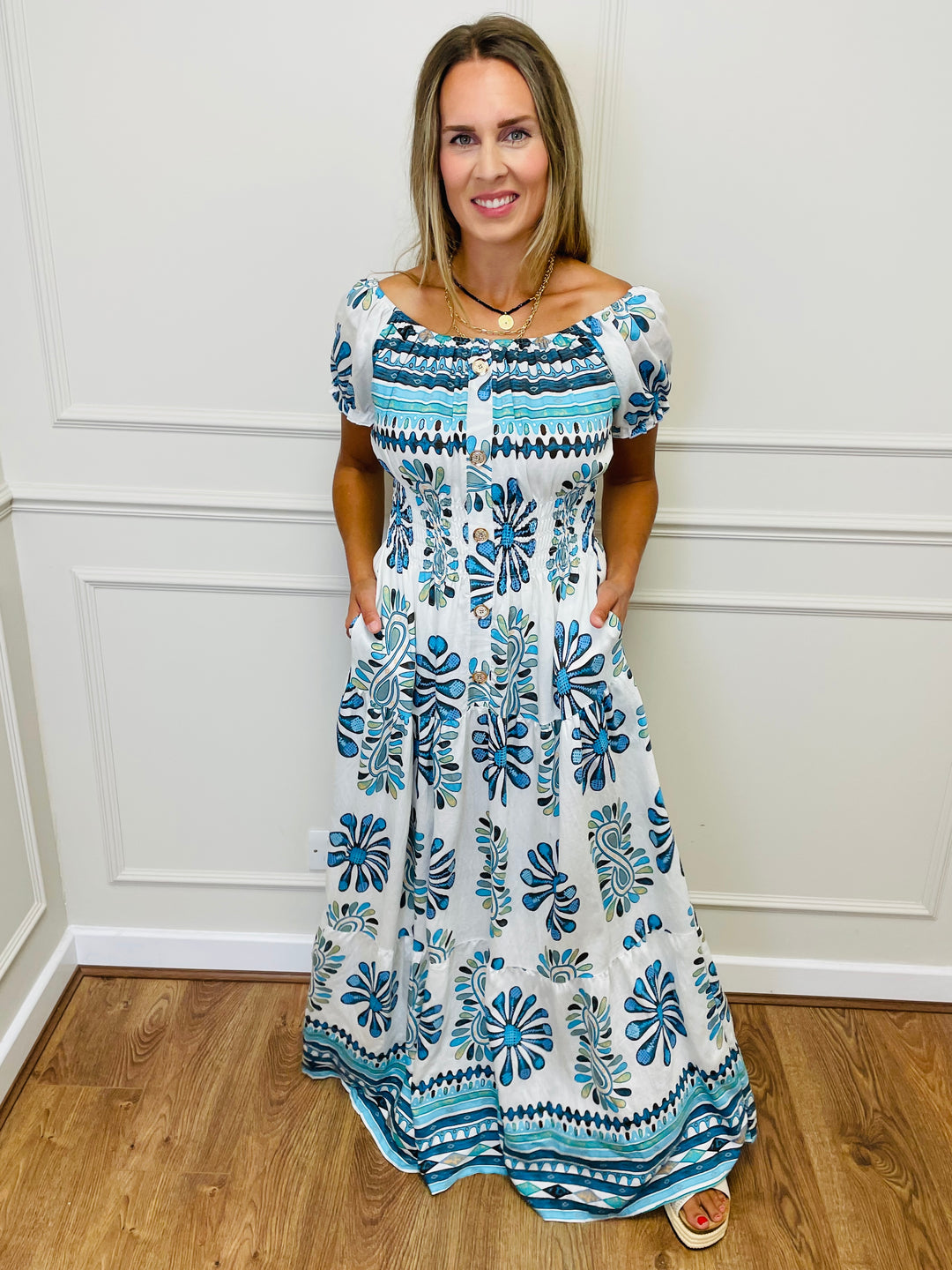 "MATILDA" Artistic Print Maxi Dress-White & Blue