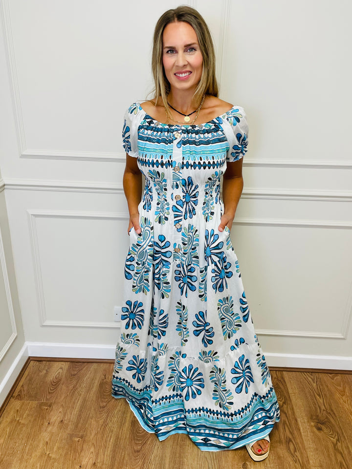 "MATILDA" Artistic Print Maxi Dress-White & Blue
