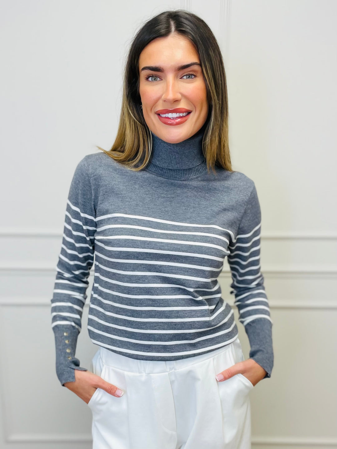 "GRACE" Stripe Print Jumper-Silver & White