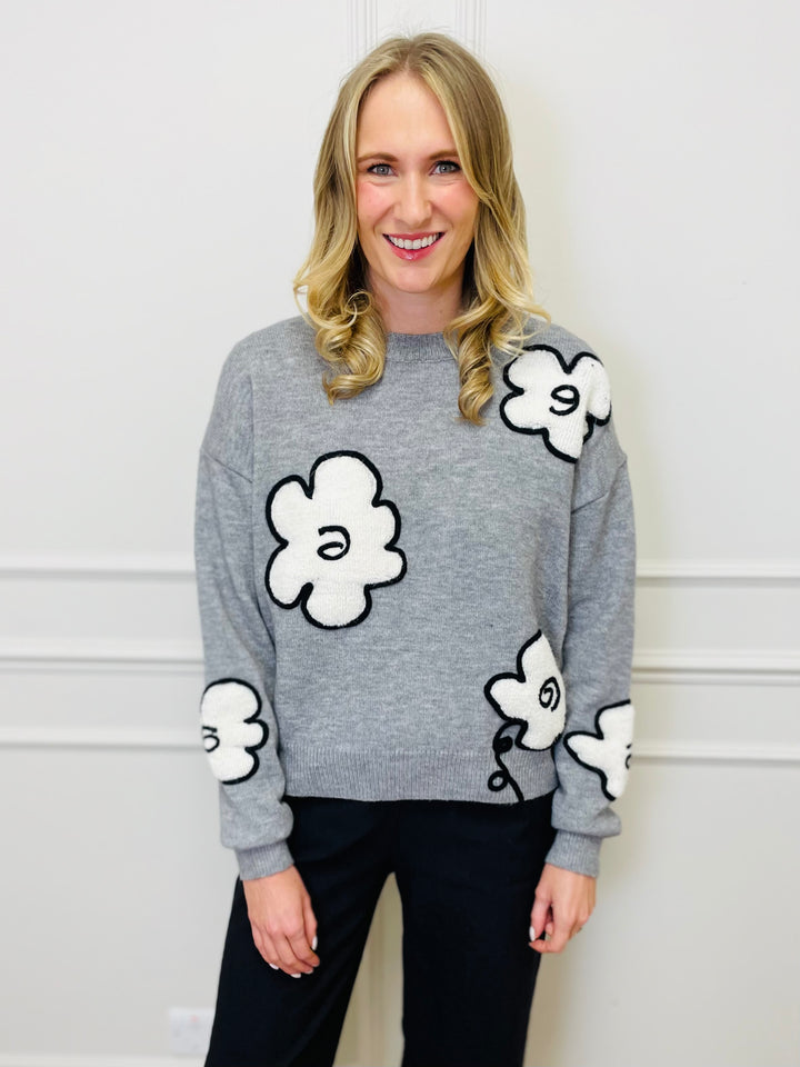 "FLORA" Embroidered Floral Jumper-Grey