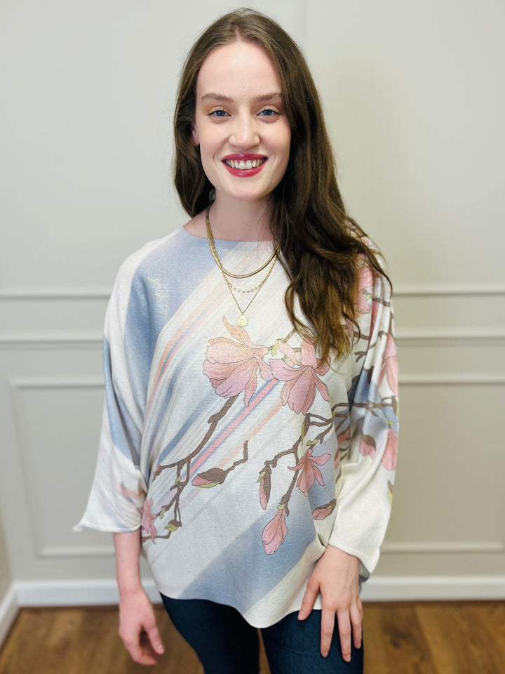 "SPRING" Floral Print Fine Knit-Cream & Blue