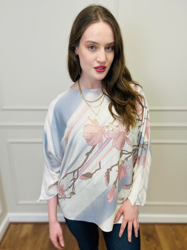 "SPRING" Floral Print Fine Knit-Cream & Blue