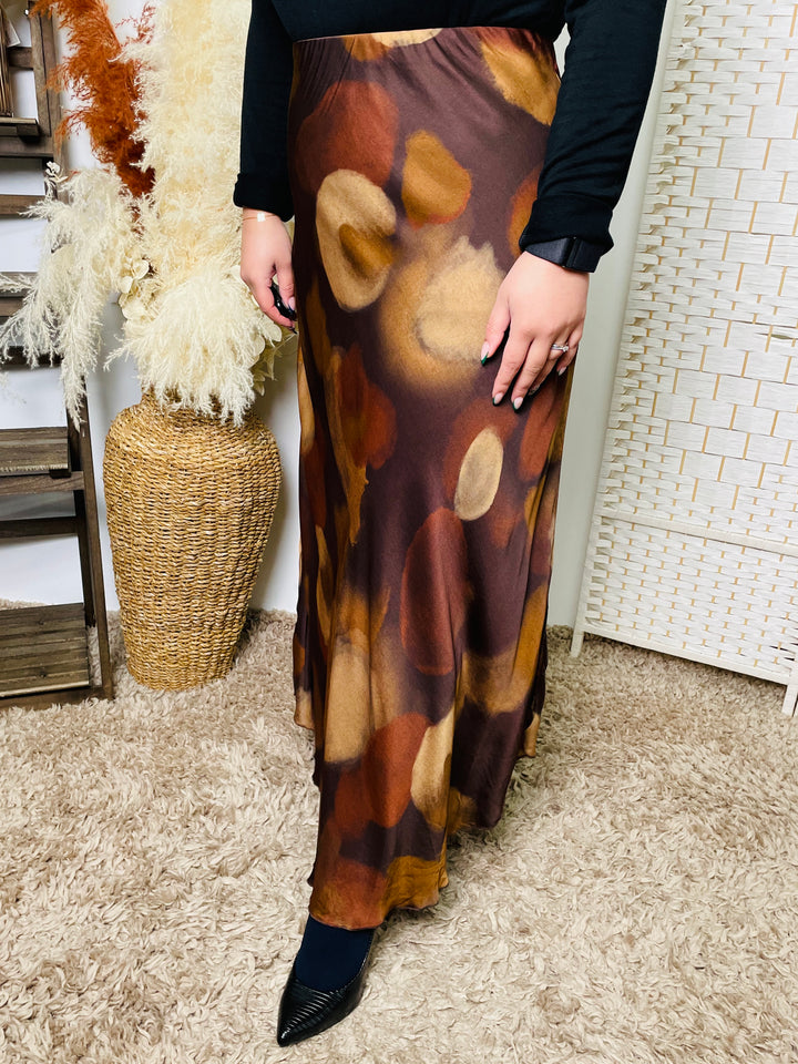 "NARA" Artistic Print Maxi Skirt-Brown